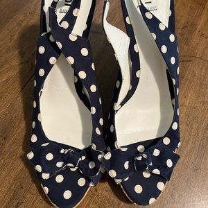 Dark blue and white polka dot open toed high heels. Size 10